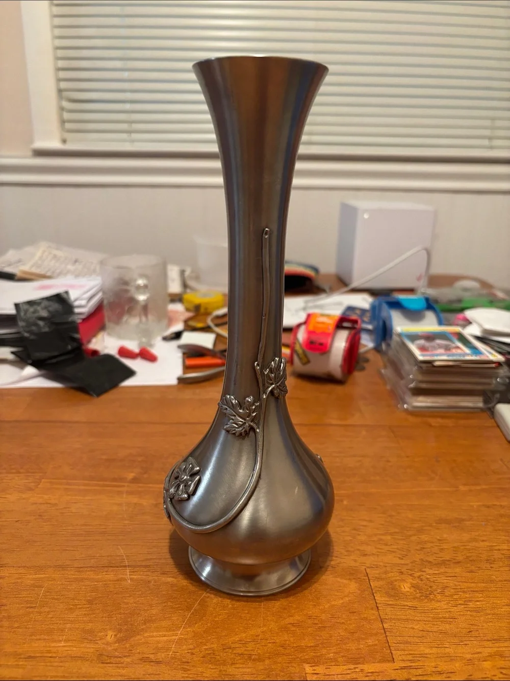 1971 King’s Pewter Thailand Floral Design Bud Vase 9.5” Tall
